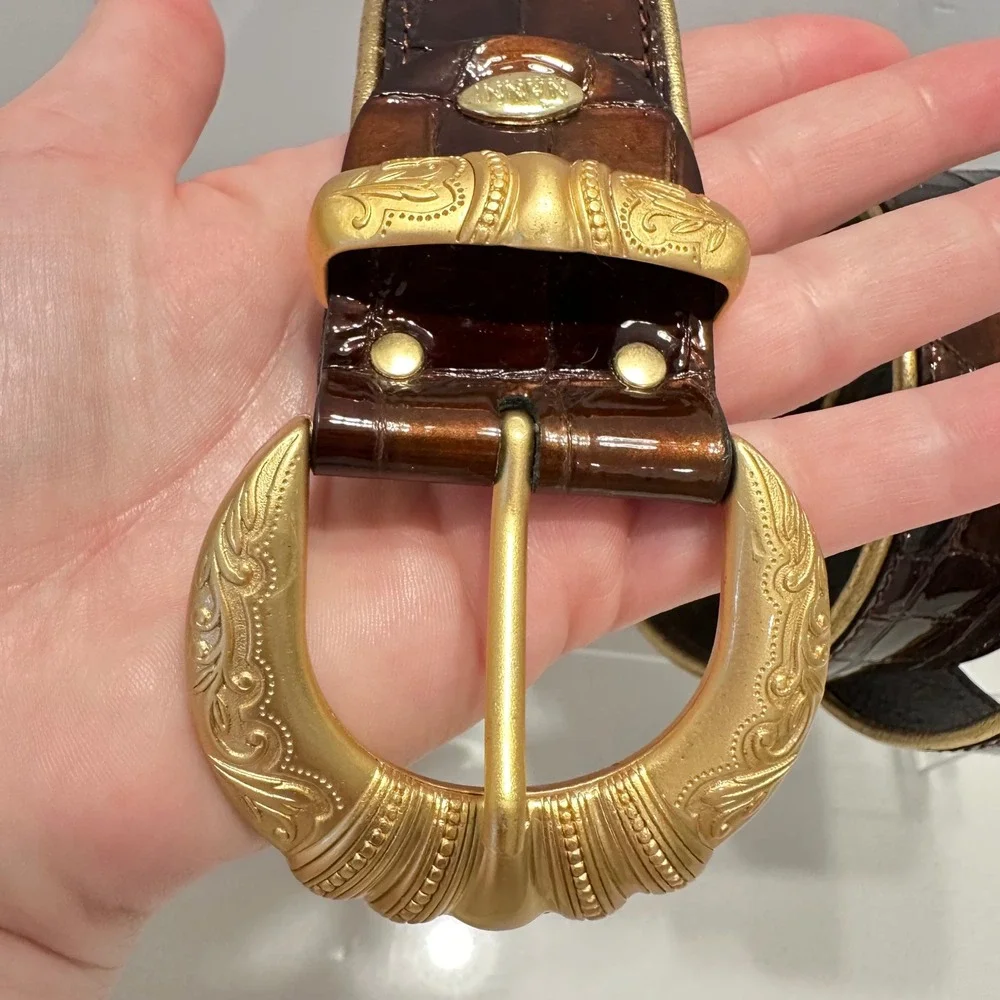 Nanni Italy Brown Crocodile Embossed‎ Leather Belt Gold Engraved Buckle Size 34